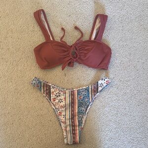 Zaful Rust Red Ribbed Bikini Top with Patterned High-Cut Bottom